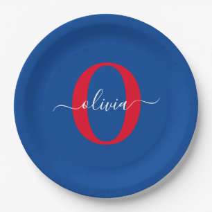 Personalized Monogram Script Name Blue White Red Paper Plate