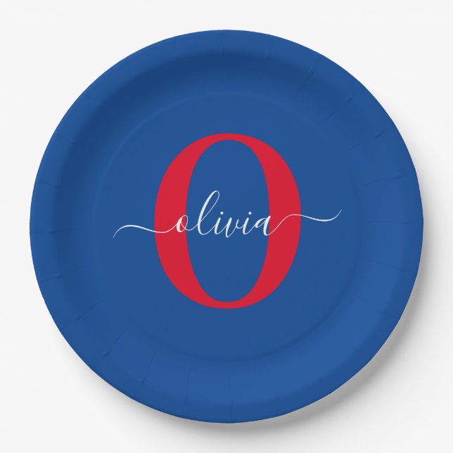 Personalized Monogram Script Name Blue White Red Paper Plate (Front)