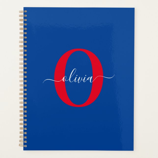 Personalized Monogram Script Name Blue White Red Planner (Front)