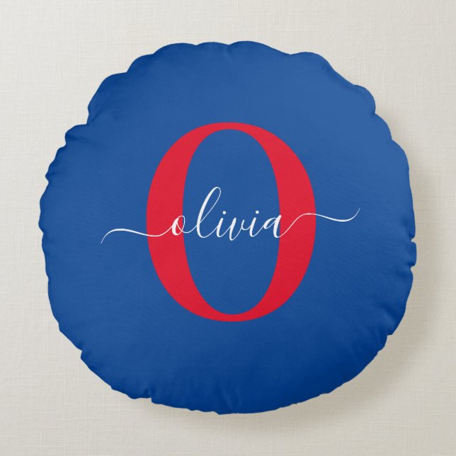 Personalized Monogram Script Name Blue White Red Round Pillow (Front)