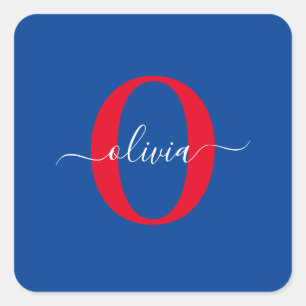 Personalized Monogram Script Name Blue White Red Square Sticker