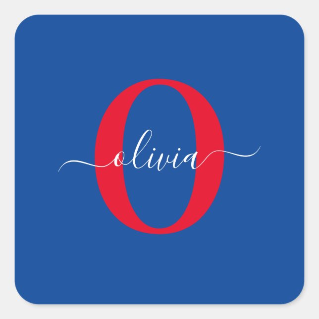 Personalized Monogram Script Name Blue White Red Square Sticker (Front)