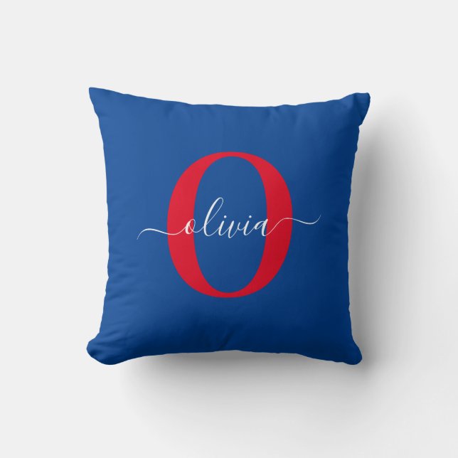 Personalized Monogram Script Name Blue White Red Throw Pillow (Front)