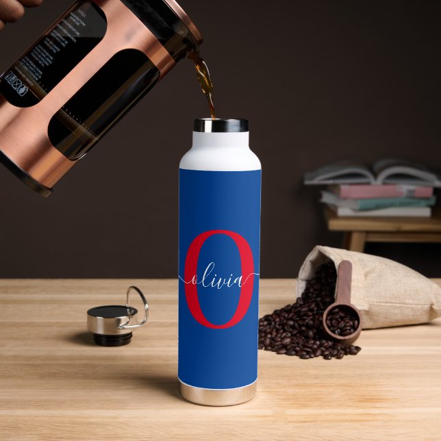 Personalized Monogram Script Name Blue White Red Water Bottle (Coffee)
