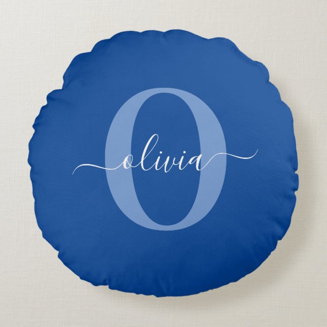 Personalized Monogram Script Name Blue White Round Pillow (Front)