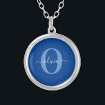 Personalized Monogram Script Name Blue White Silver Plated Necklace<br><div class="desc">This elegant monogram and stylish script name design can be given as a gift for a birthday, wedding, bridal shower, anniversary, Mother's Day or any occasion. It can be personalized with the person's initial and name. You can change the font, font colour, font size and background colour using the Design...</div>
