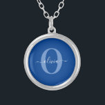 Personalized Monogram Script Name Blue White Silver Plated Necklace<br><div class="desc">This elegant monogram and stylish script name design can be given as a gift for a birthday, wedding, bridal shower, anniversary, Mother's Day or any occasion. It can be personalized with the person's initial and name. You can change the font, font colour, font size and background colour using the Design...</div>