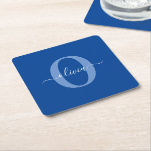Personalized Monogram Script Name Blue White Square Paper Coaster