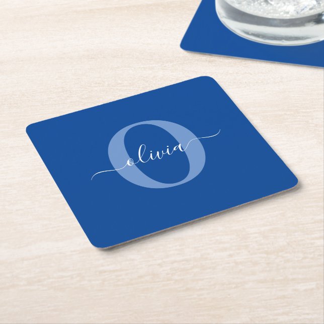 Personalized Monogram Script Name Blue White Square Paper Coaster (Angled)