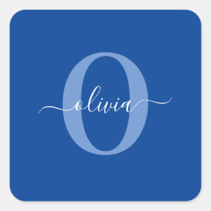 Personalized Monogram Script Name Blue White Square Sticker