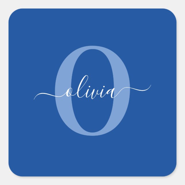 Personalized Monogram Script Name Blue White Square Sticker (Front)