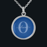 Personalized Monogram Script Name Blue White Sterling Silver Necklace<br><div class="desc">This elegant monogram and stylish script name design can be given as a gift for a birthday, wedding, bridal shower, anniversary, Mother's Day or any occasion. It can be personalized with the person's initial and name. You can change the font, font colour, font size and background colour using the Design...</div>