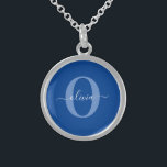 Personalized Monogram Script Name Blue White Sterling Silver Necklace<br><div class="desc">This elegant monogram and stylish script name design can be given as a gift for a birthday, wedding, bridal shower, anniversary, Mother's Day or any occasion. It can be personalized with the person's initial and name. You can change the font, font colour, font size and background colour using the Design...</div>