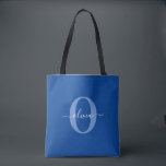 Personalized Monogram Script Name Blue White Tote Bag<br><div class="desc">This elegant monogram and stylish script name design can be given as a gift for a birthday, wedding, bridal shower, anniversary, Mother's Day or any occasion. It can be personalized with the person's initial and name. You can change the font, font colour, font size and background colour using the Design...</div>