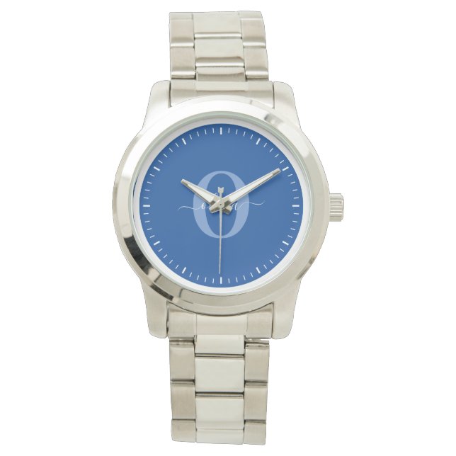 Personalized Monogram Script Name Blue White Watch (Front)