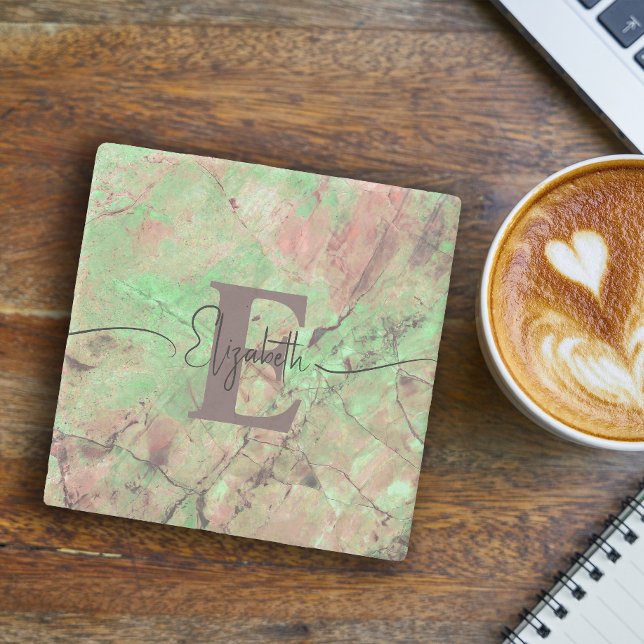 Personalized Monogram Script Name Green Marble Stone Coaster (Creator Uploaded)
