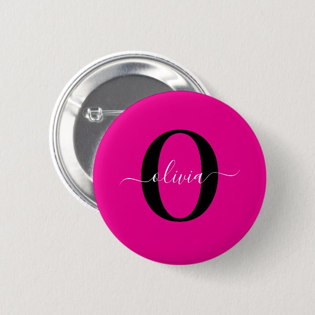 Personalized Monogram Script Name Pink Black White 2 Inch Round Button (Front & Back)