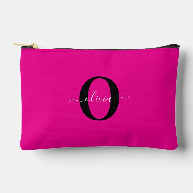 Personalized Monogram Script Name Pink Black White Accessory Pouch (Front)