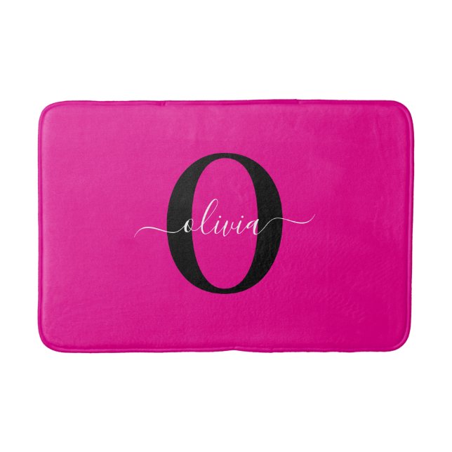Personalized Monogram Script Name Pink Black White Bath Mat (Front)