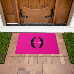 Personalized Monogram Script Name Pink Black White Doormat