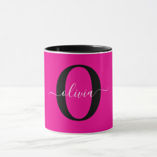 Personalized Monogram Script Name Pink Black White Mug