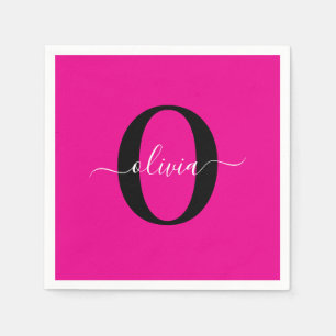 Personalized Monogram Script Name Pink Black White Napkin