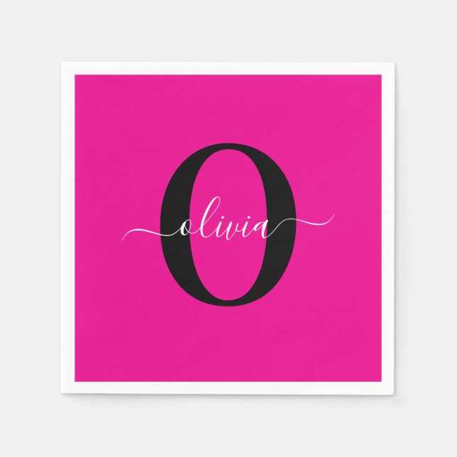 Personalized Monogram Script Name Pink Black White Napkin (Front)