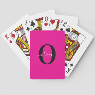 Personalized Monogram Script Name Pink Black White Playing Cards