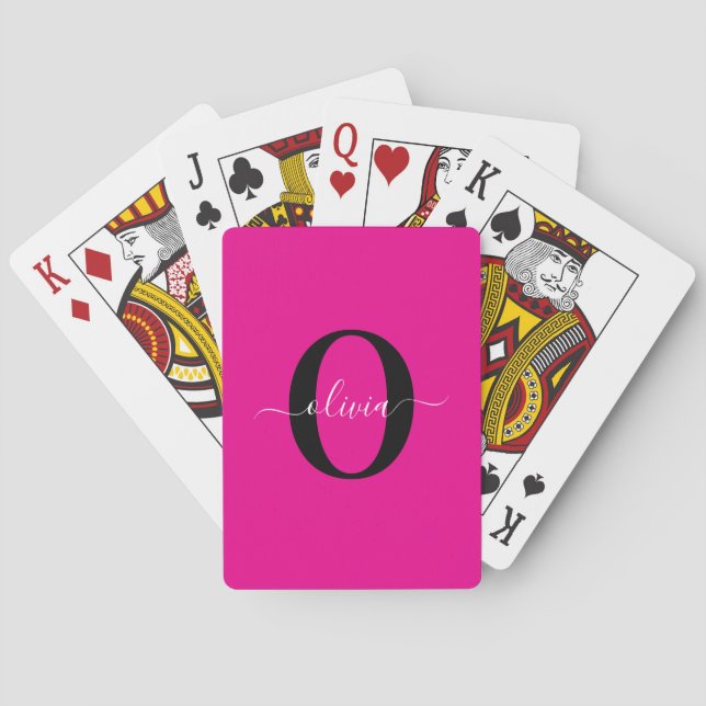 Personalized Monogram Script Name Pink Black White Playing Cards (Back)