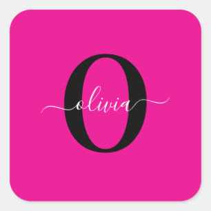Personalized Monogram Script Name Pink Black White Square Sticker