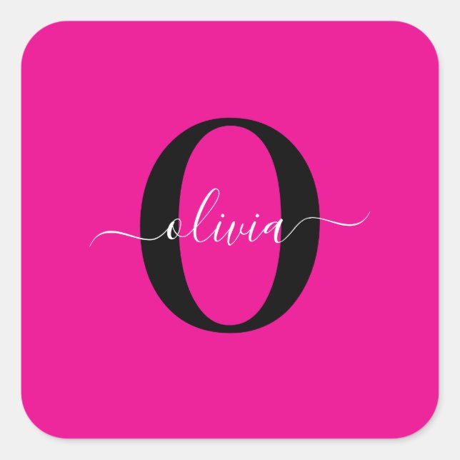 Personalized Monogram Script Name Pink Black White Square Sticker (Front)