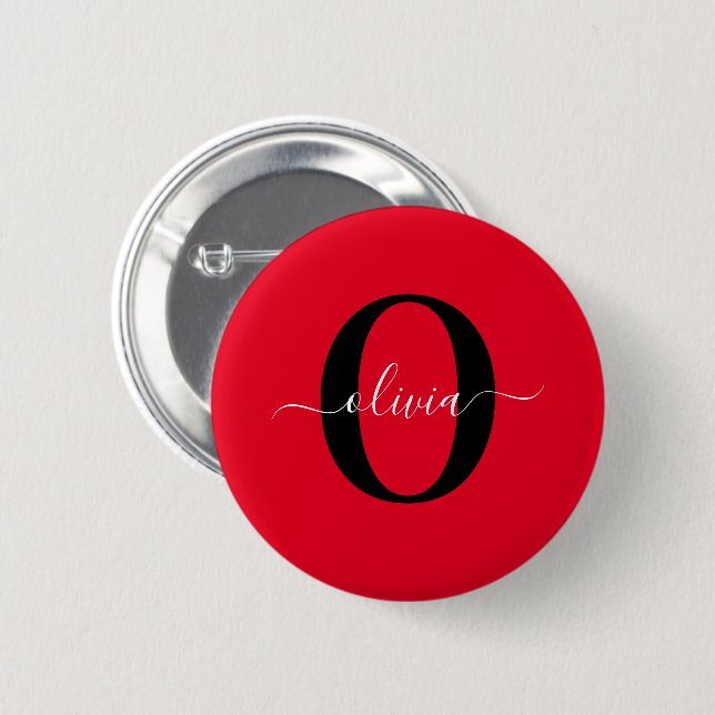 Personalized Monogram Script Name Red Black White 2 Inch Round Button (Front & Back)