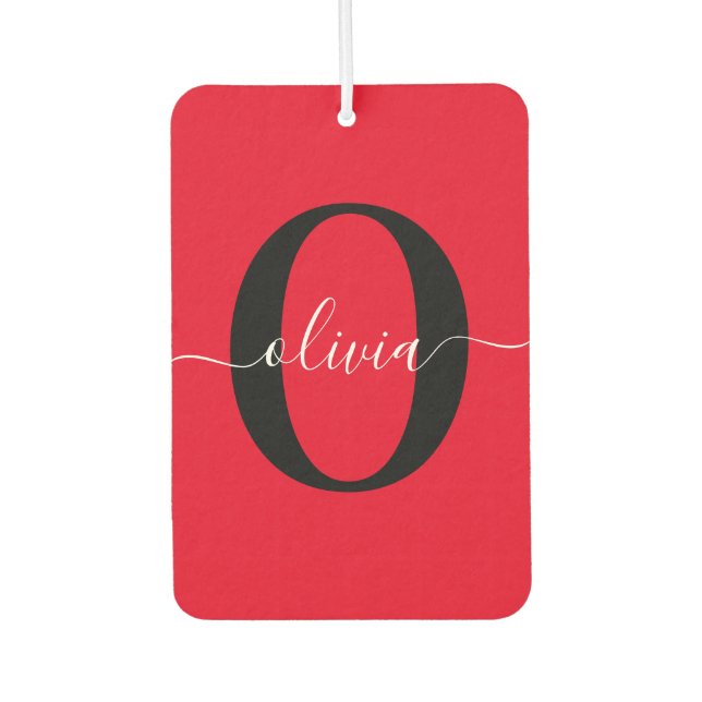 Personalized Monogram Script Name Red Black White Air Freshener (Front)