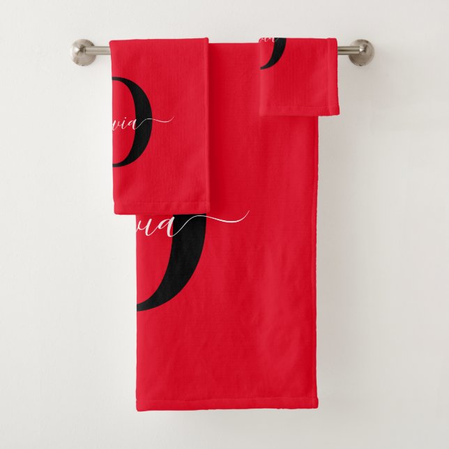 Personalized Monogram Script Name Red Black White Bath Towel Set (Insitu)