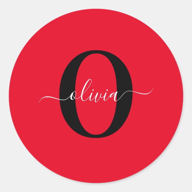 Personalized Monogram Script Name Red Black White Classic Round Sticker (Front)