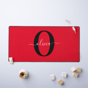 Personalized Monogram Script Name Red Black White Desk Mat