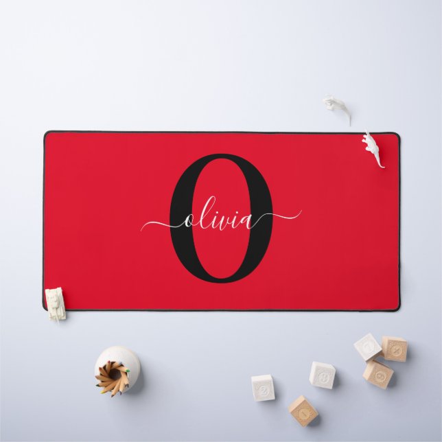 Personalized Monogram Script Name Red Black White Desk Mat (Kids Table)
