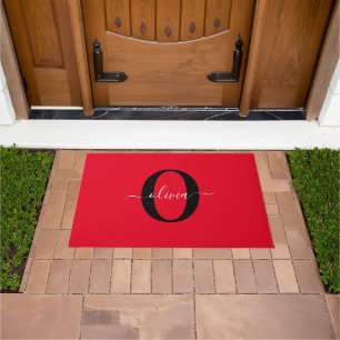 Personalized Monogram Script Name Red Black White Doormat