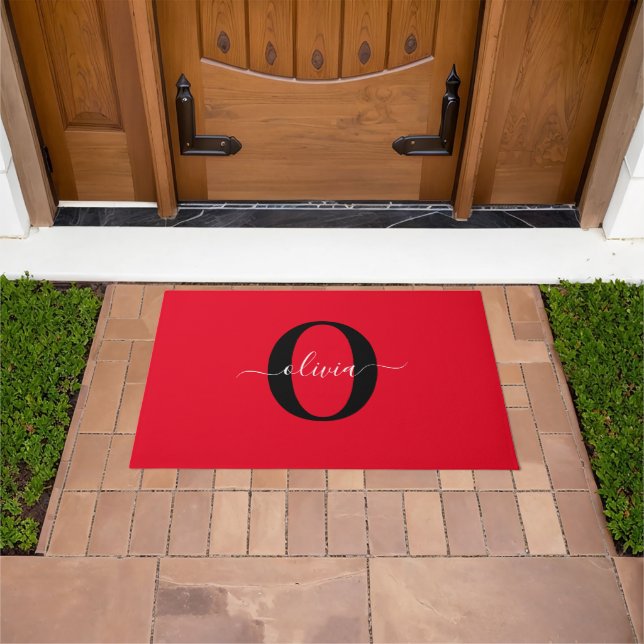 Personalized Monogram Script Name Red Black White Doormat (Outdoor)