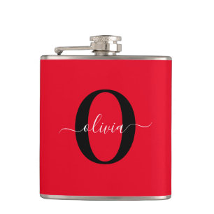 Personalized Monogram Script Name Red Black White Hip Flask