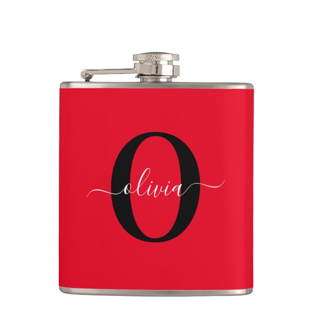 Personalized Monogram Script Name Red Black White Hip Flask (Front)