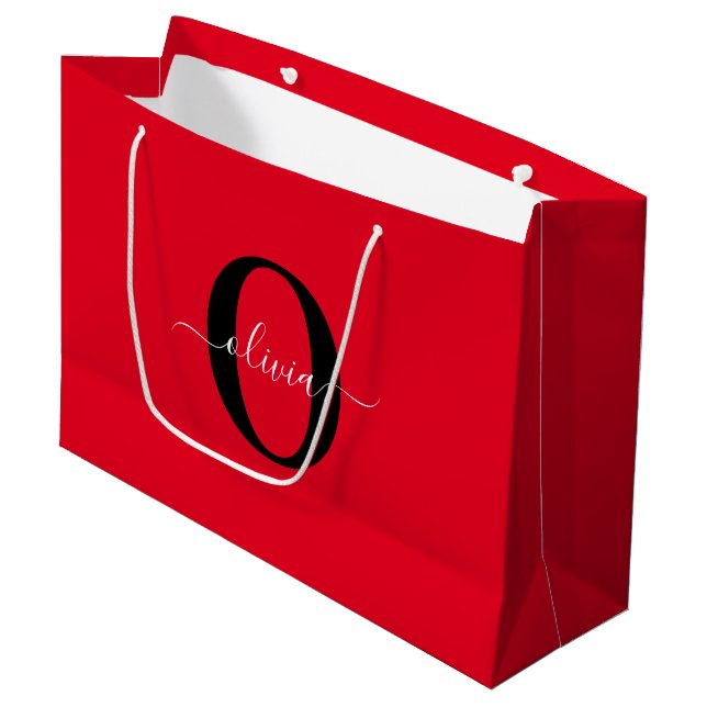 Personalized Monogram Script Name Red Black White Large Gift Bag (Front Angled)