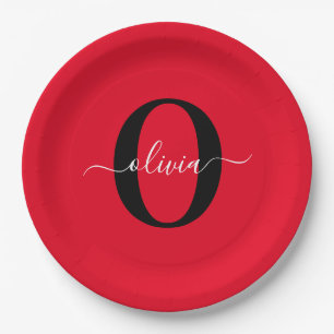 Personalized Monogram Script Name Red Black White Paper Plate