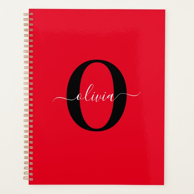 Personalized Monogram Script Name Red Black White Planner (Front)