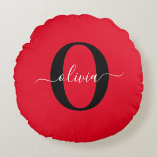 Personalized Monogram Script Name Red Black White Round Pillow