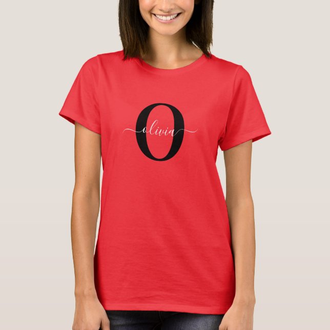 Personalized Monogram Script Name Red Black White T-Shirt (Front)