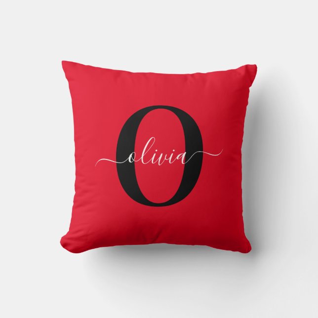 Personalized Monogram Script Name Red Black White Throw Pillow (Front)