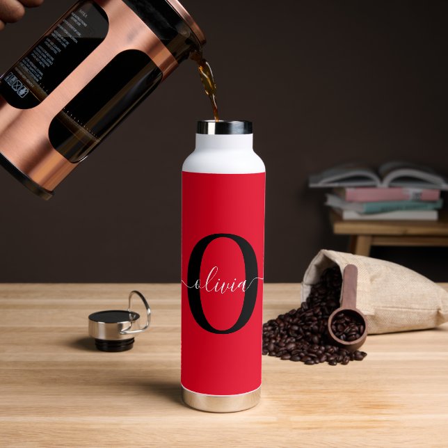 Personalized Monogram Script Name Red Black White Water Bottle (Coffee)