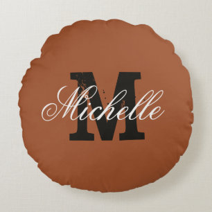 Personalized monogram sienna brown round throw pillow