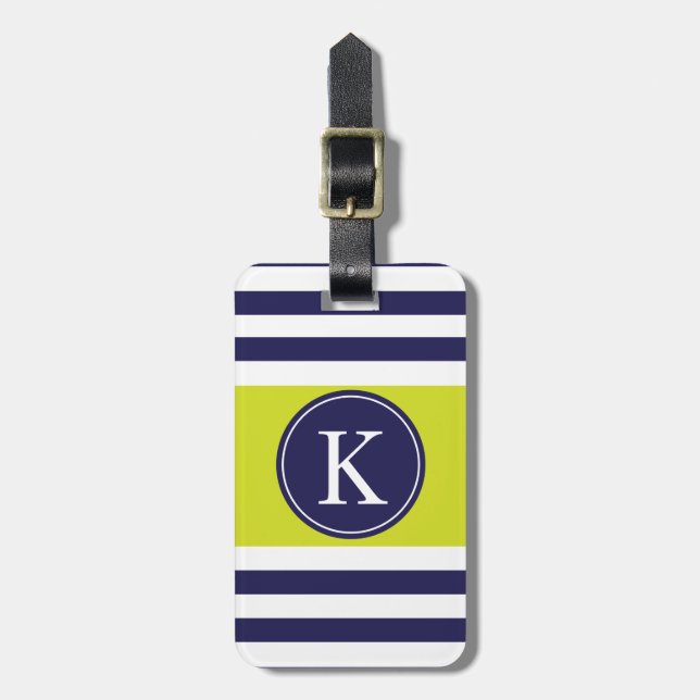 Personalized Monogram Stripes Pattern Navy Lime Luggage Tag (Front Vertical)